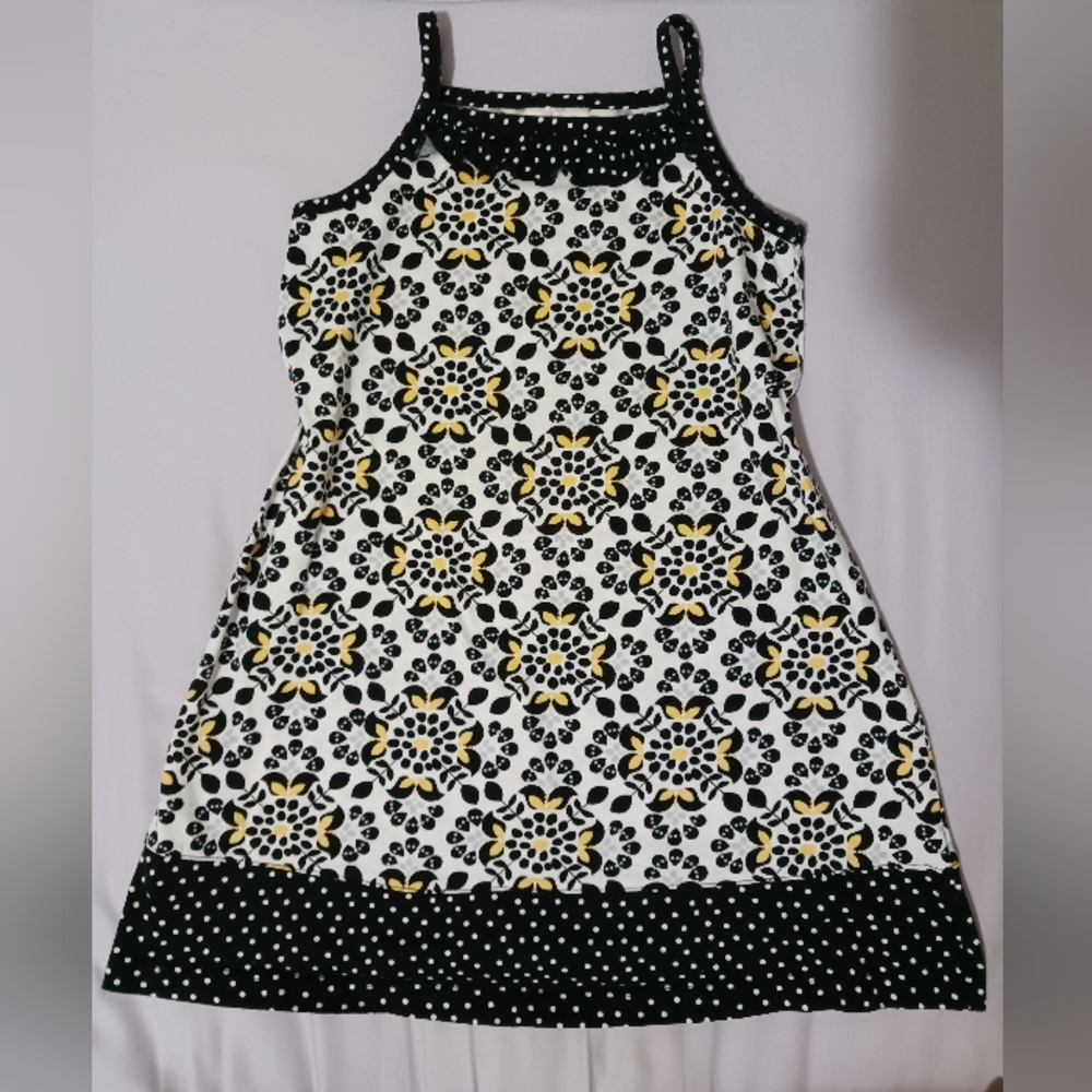 Hanna Andersson Girls 6-7 120 Yellow Black Ruffle Neck Detail Printed Dress EUC